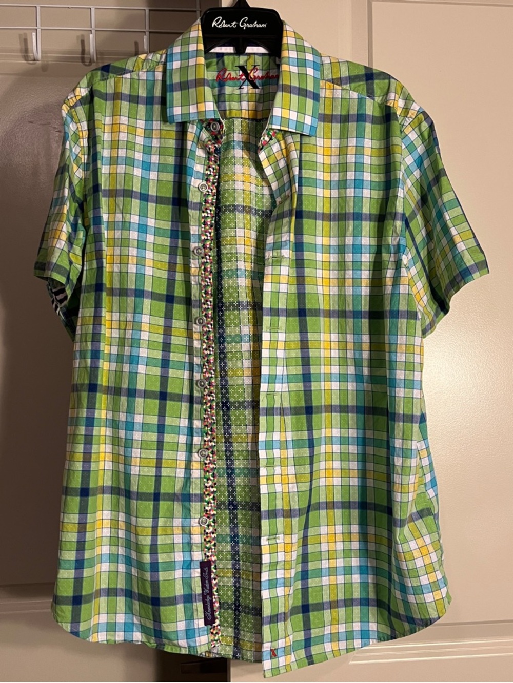 Robert Graham Green Blue Yellow Plaid Short Sleeve Button-Down Shirt